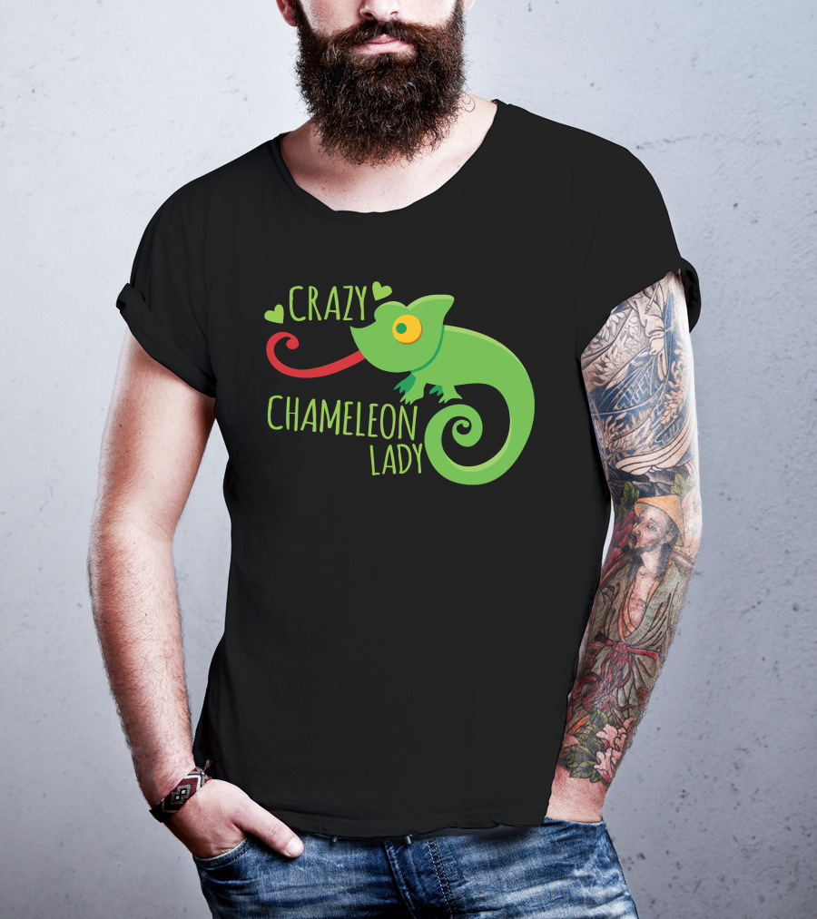 CRAZY CHAMELEON LADY Green Cartoon With Hearts T-Shirt