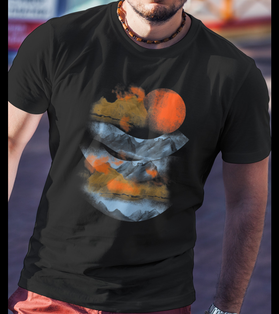 Blurry Mountains Clouds With Red Sun And Smoky Peaks T-Shirt