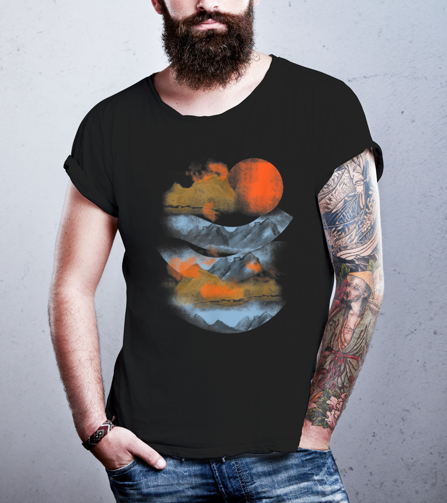 Blurry Mountains Clouds With Red Sun And Smoky Peaks T-Shirt
