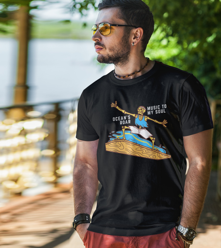 Ocean's Roar Surfing Skeleton Music To My Soul Summer T-Shirt
