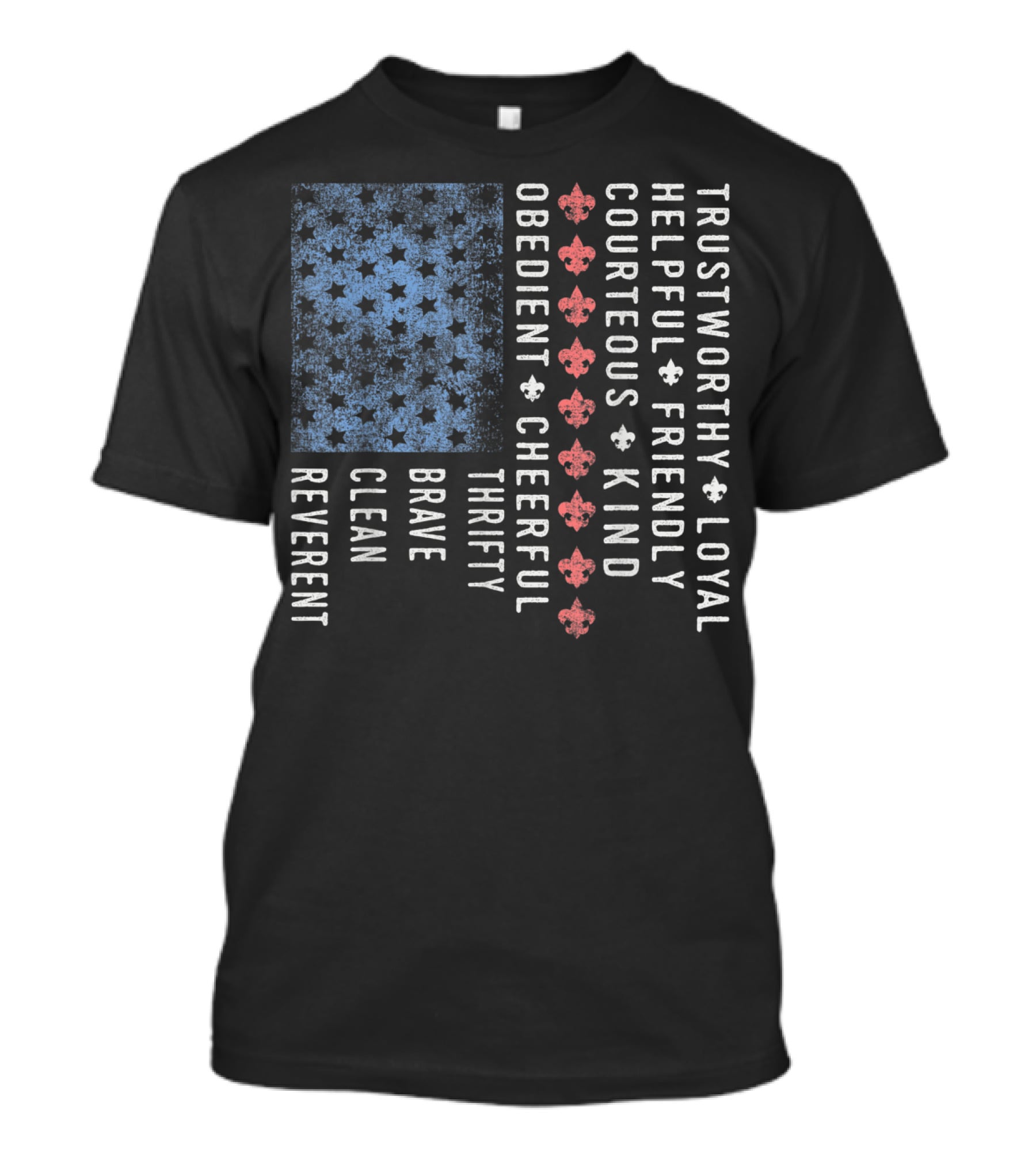 American Flag Trustworthy Loyal Helpful Friendly Courteous Kind Obedient Cheerful Thrifty Brave Clean Reverent Scout Law Vintage Scouting T-Shirt