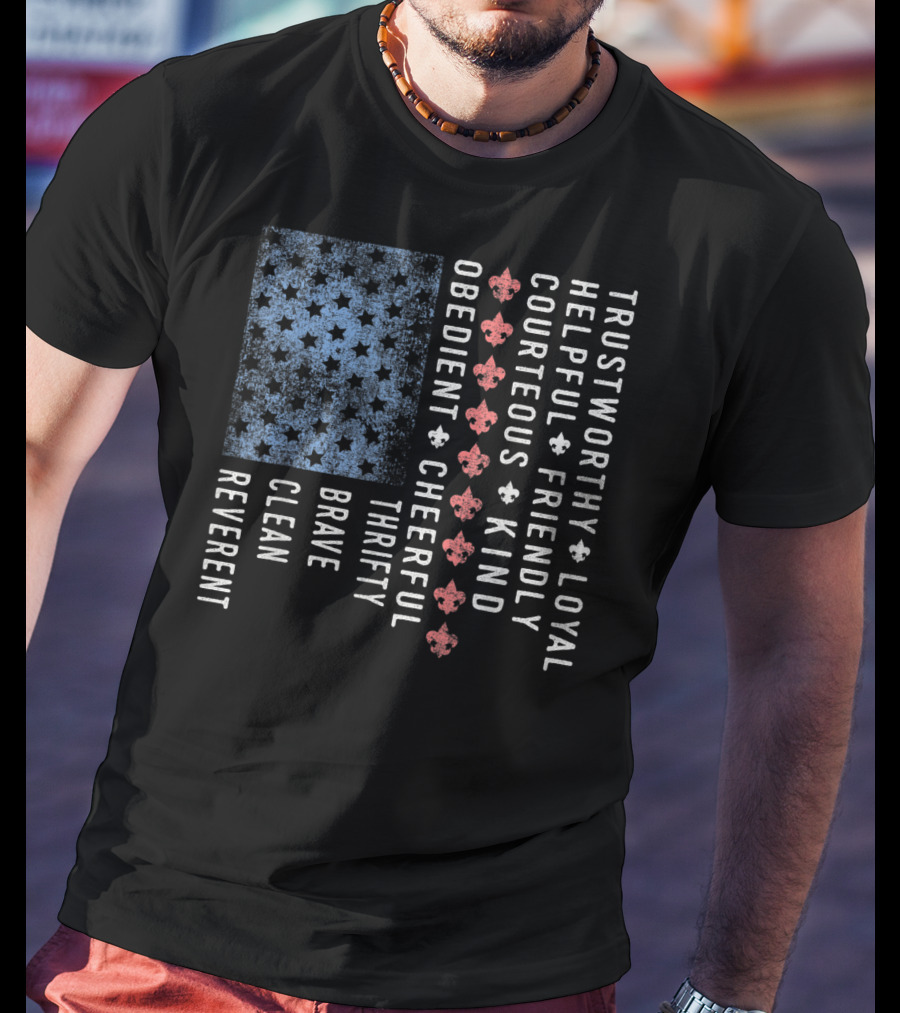 American Flag Trustworthy Loyal Helpful Friendly Courteous Kind Obedient Cheerful Thrifty Brave Clean Reverent Scout Law Vintage Scouting T-Shirt