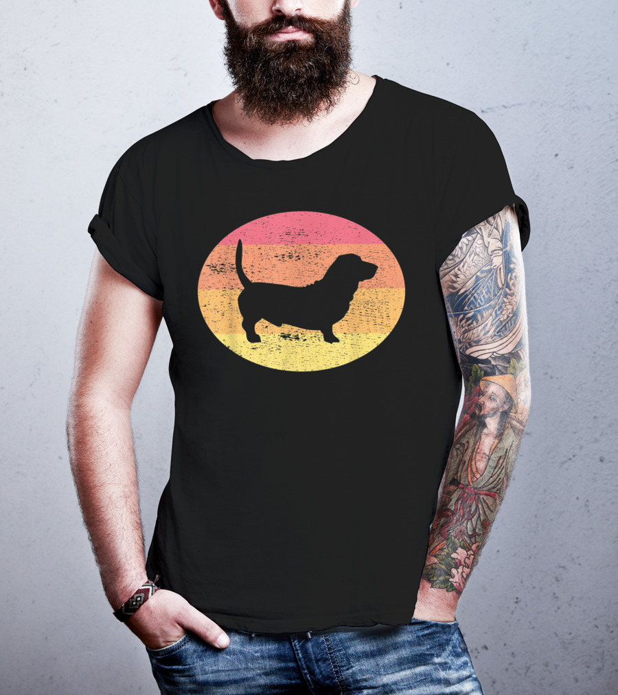 Basset Hound Silhouette Retro Vintage Dog Sunset Oval T-Shirt