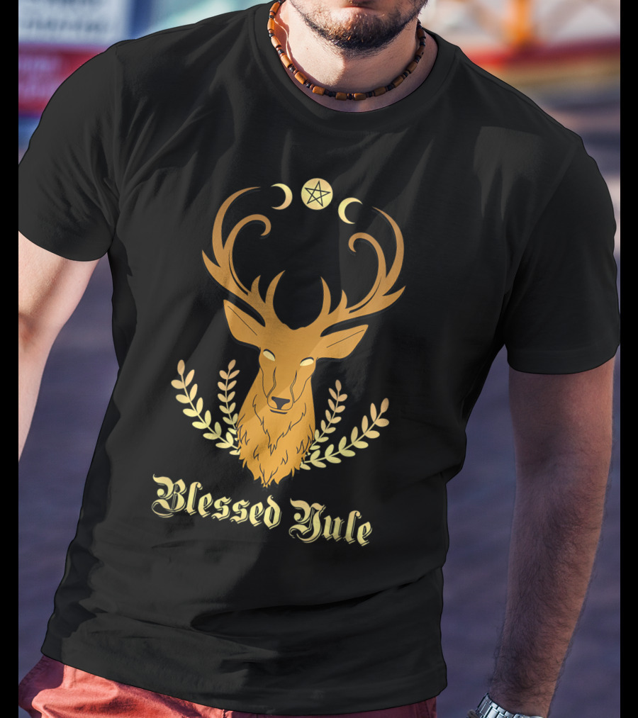 Blessed Yule Christmas Stag Pentacle Triple Moon T-Shirt