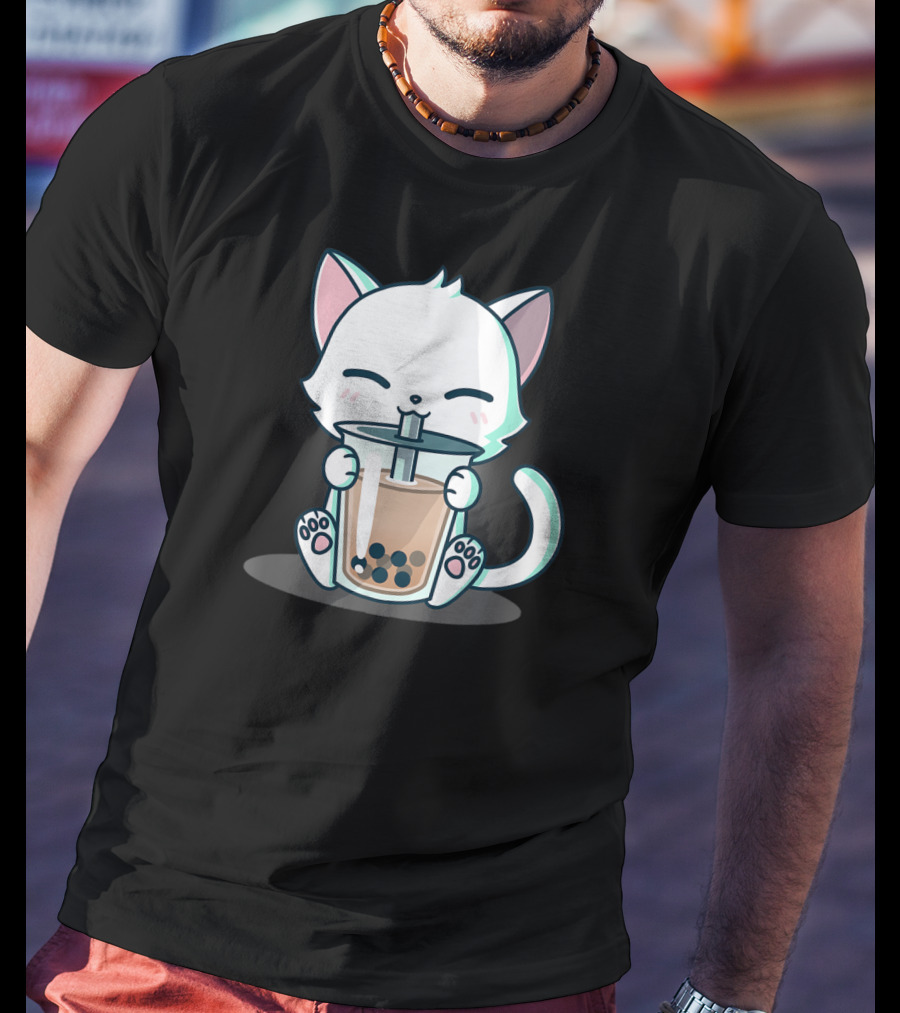 Kawaii Boba Cat Happy Kitten Drinking Bubble Tea Mood T-Shirt