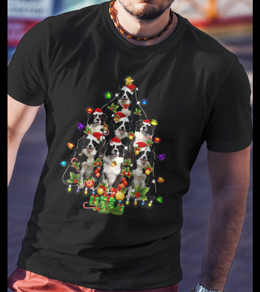 Border Collie Christmas Lights Festive Santa Hat Tree T-Shirt