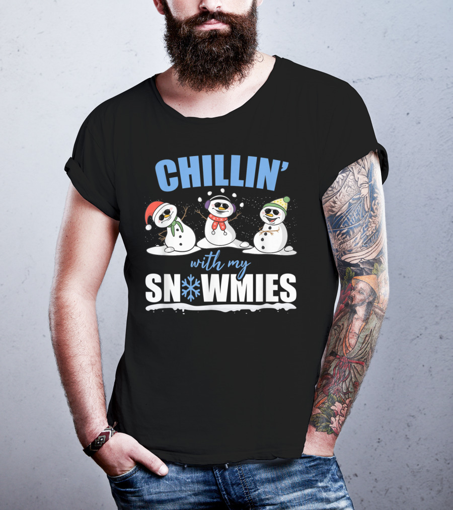 Chillin' With My Snowmies Christmas Snowman Trio In Santa Hats And Scarves T-Shirt