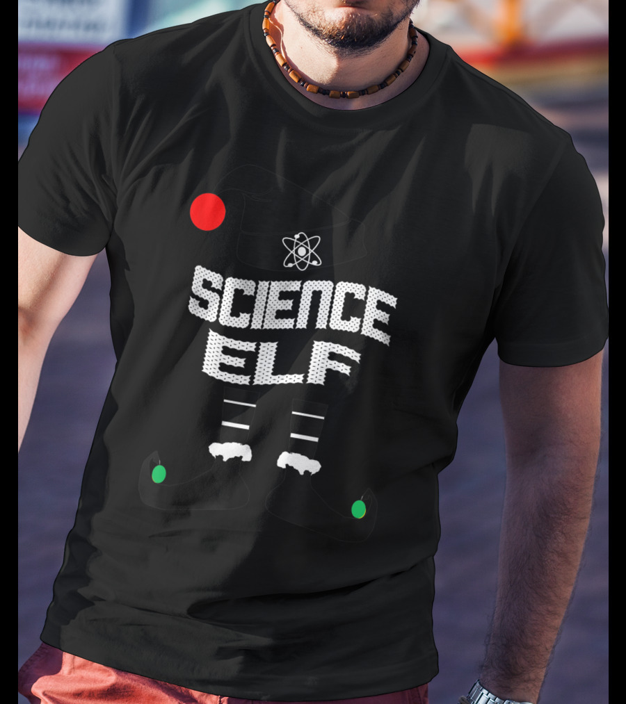 Science Elf Christmas Costume With Atom Hat And Striped Socks T-Shirt
