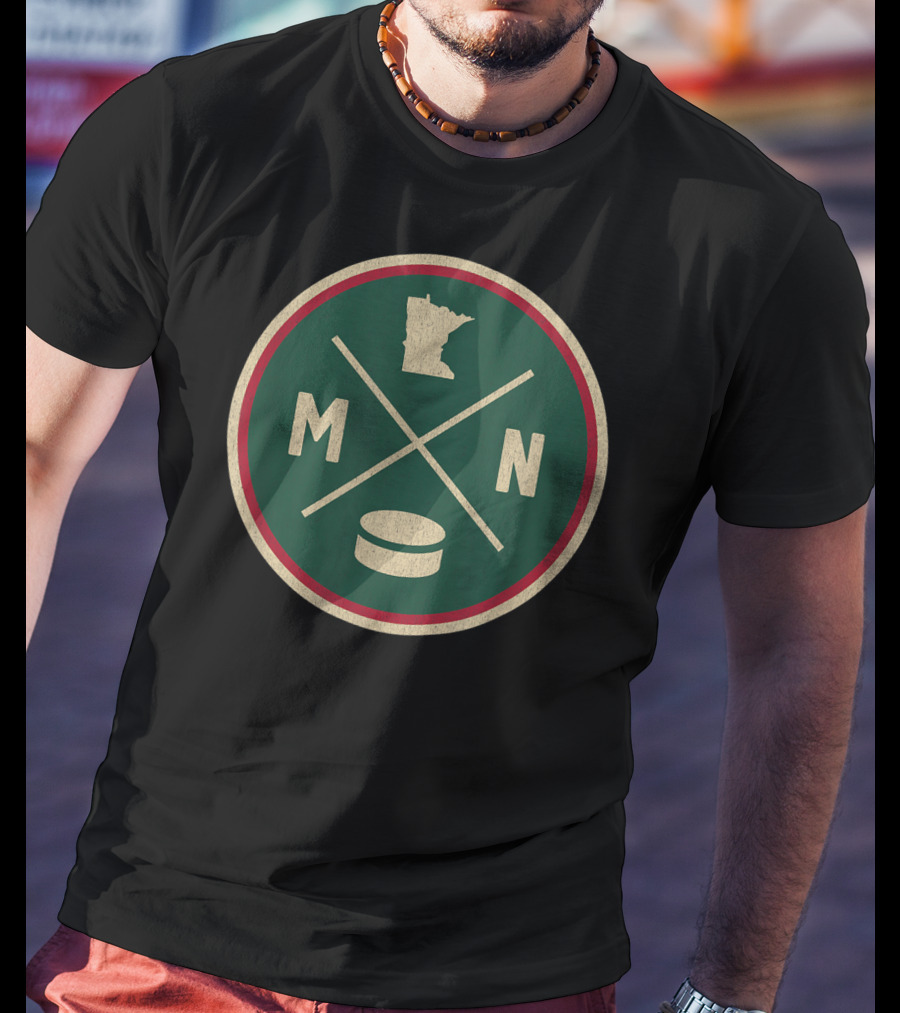 MN Hockey State Outline With Puck And Crossed Sticks Retro T-Shirt