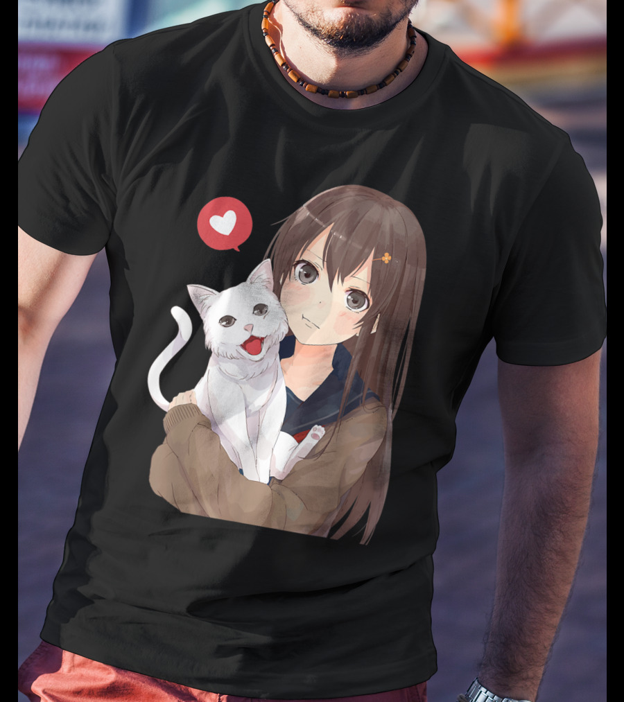Cute Anime Girl With Adorable White Kitty Cat And Heart T-Shirt