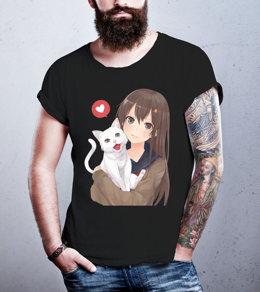 Cute Anime Girl With Adorable White Kitty Cat And Heart T-Shirt