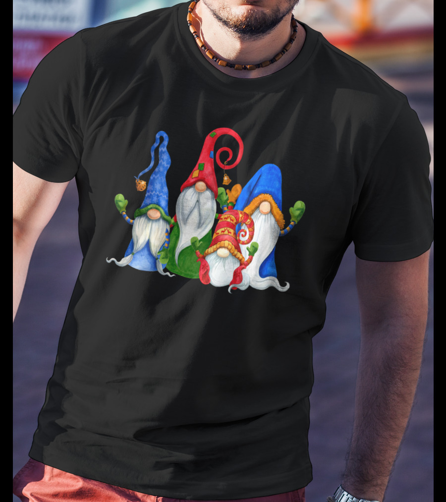 Cute Four 4 Nordic Gnomes Christmas Elves With Colorful Hats And Beards T-Shirt