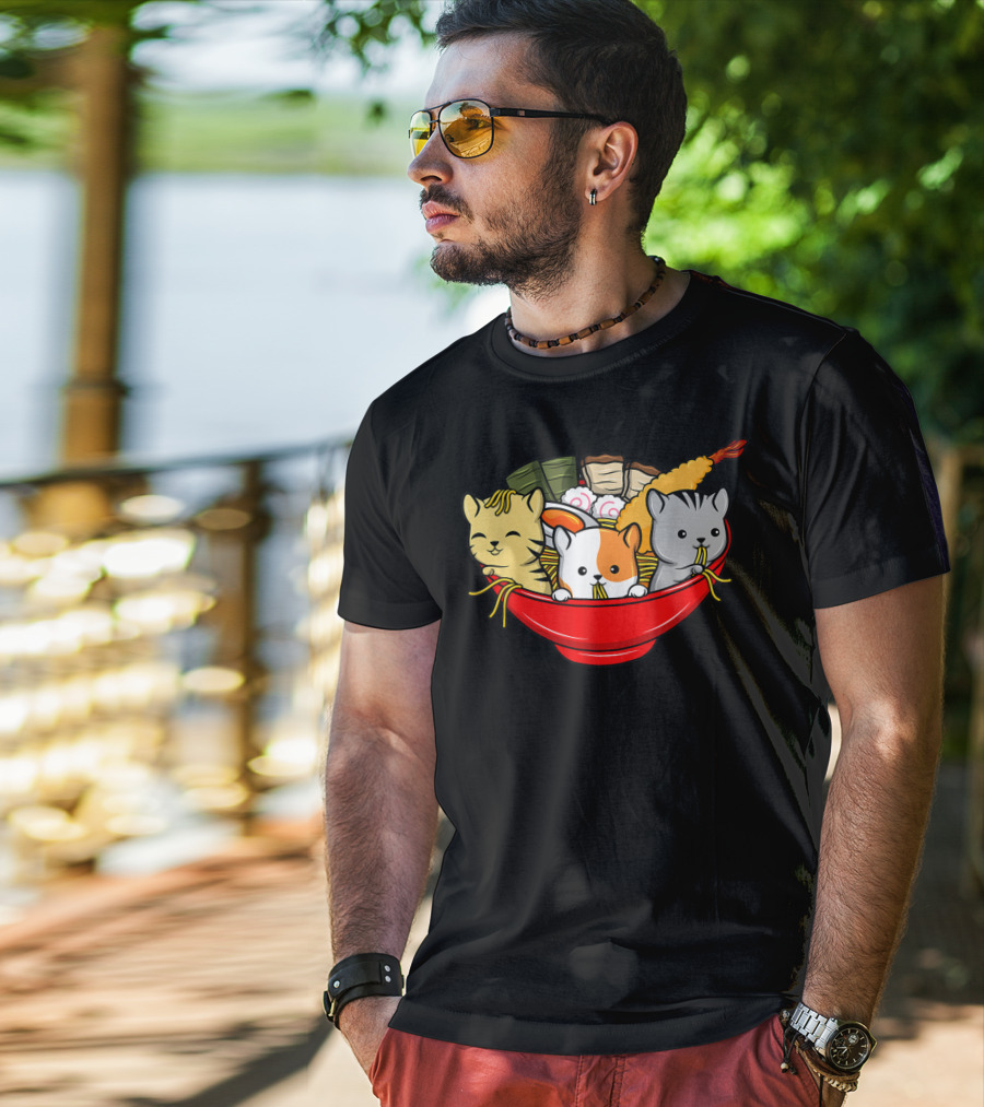 Kawaii Cat Trio In Ramen Bowl With Japanese Anime Style Meal T-Shirt