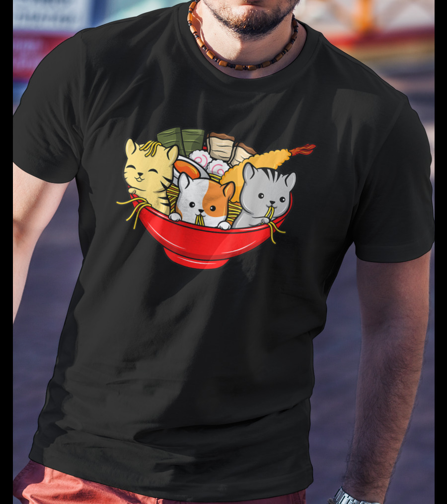 Kawaii Cat Trio In Ramen Bowl With Japanese Anime Style Meal T-Shirt