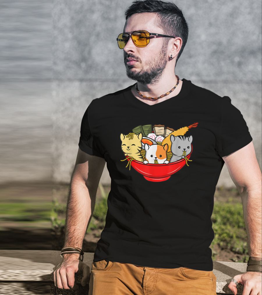 Kawaii Cat Trio In Ramen Bowl With Japanese Anime Style Meal T-Shirt