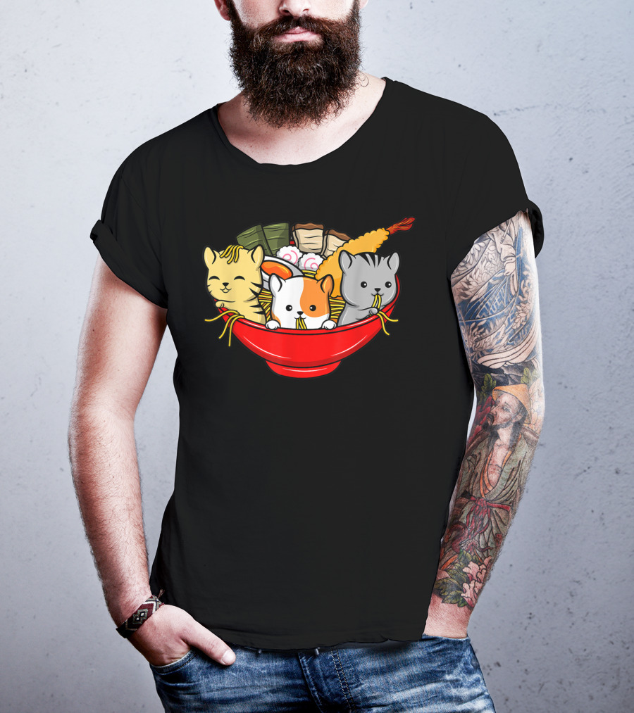 Kawaii Cat Trio In Ramen Bowl With Japanese Anime Style Meal T-Shirt