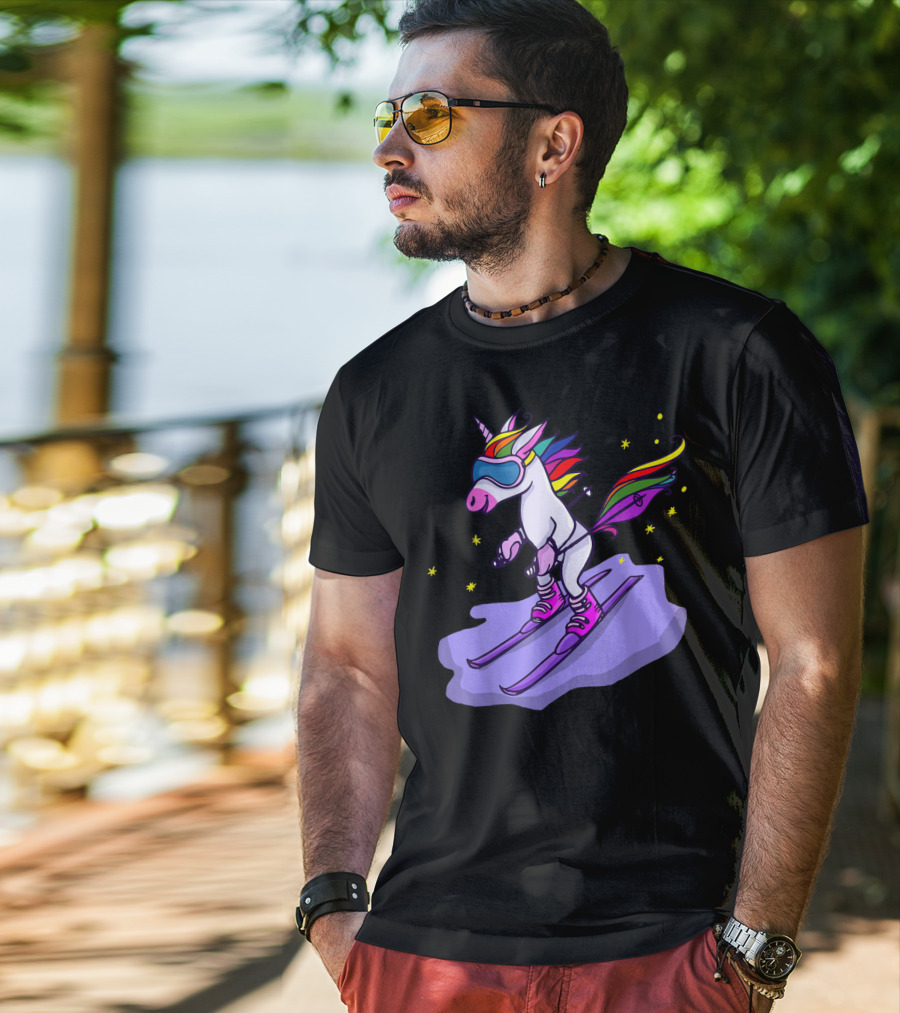 Cute Unicorn Skiing In Rainbow T-Shirt