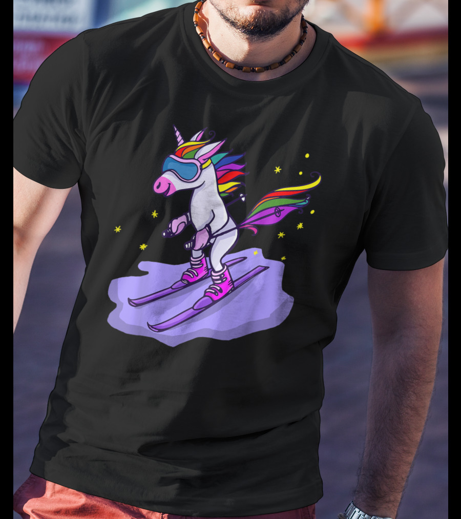 Cute Unicorn Skiing In Rainbow T-Shirt
