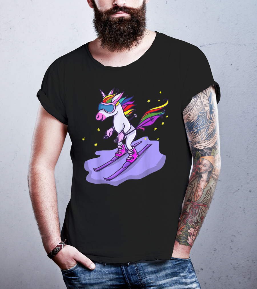 Cute Unicorn Skiing In Rainbow T-Shirt