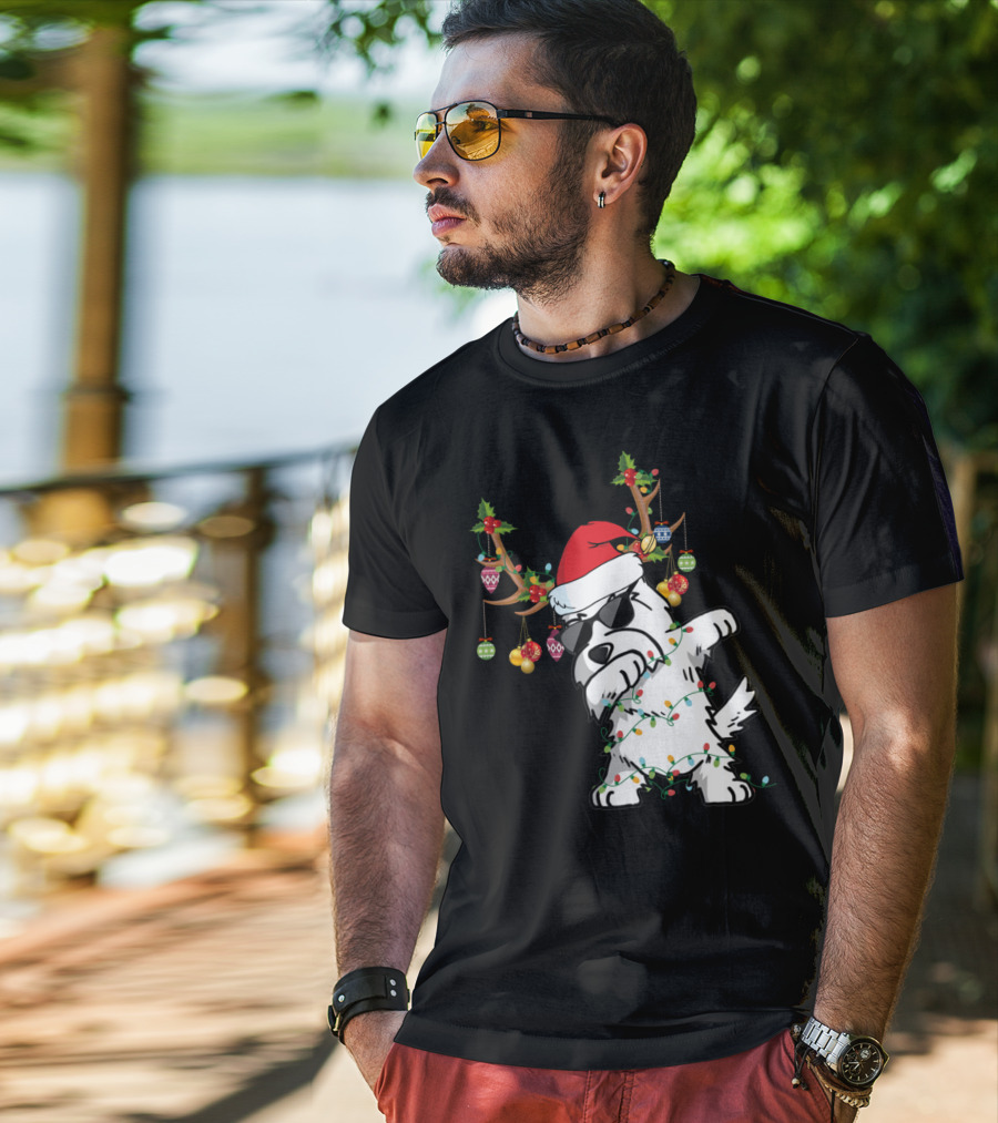 Dabbing Westie Dog Christmas Lights Santa Hat Reindeer Antlers Ornaments T-Shirt
