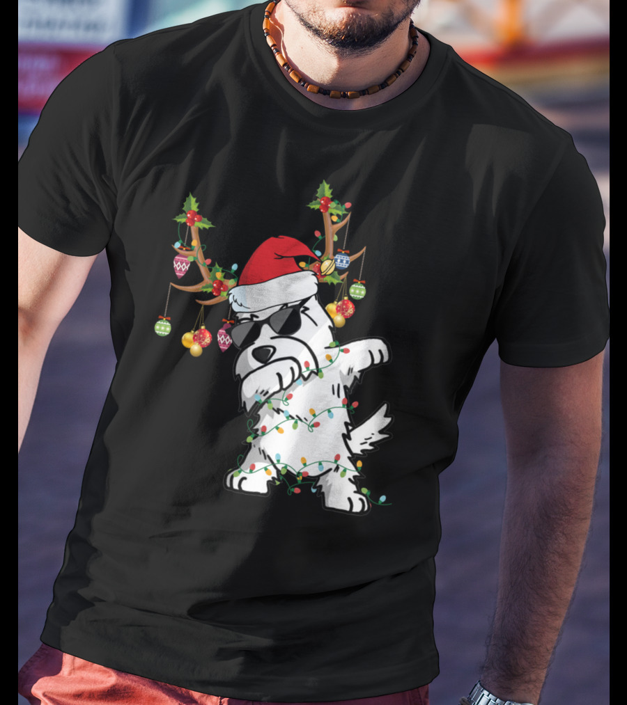 Dabbing Westie Dog Christmas Lights Santa Hat Reindeer Antlers Ornaments T-Shirt