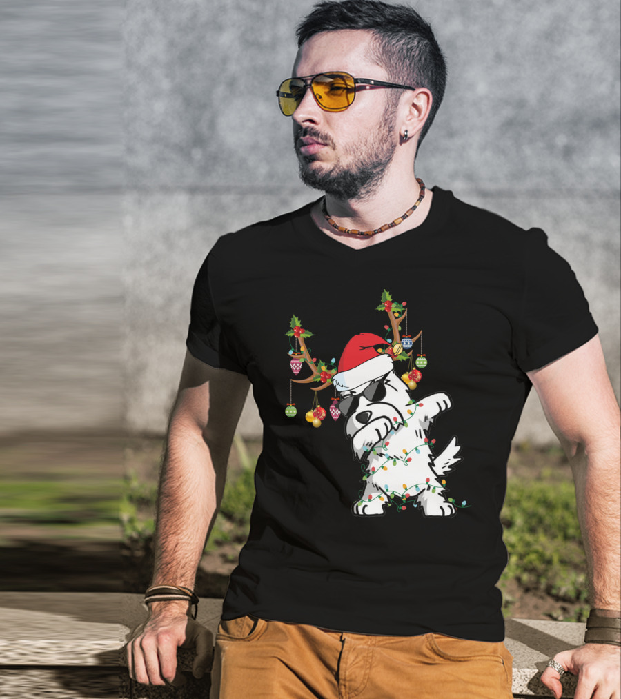 Dabbing Westie Dog Christmas Lights Santa Hat Reindeer Antlers Ornaments T-Shirt