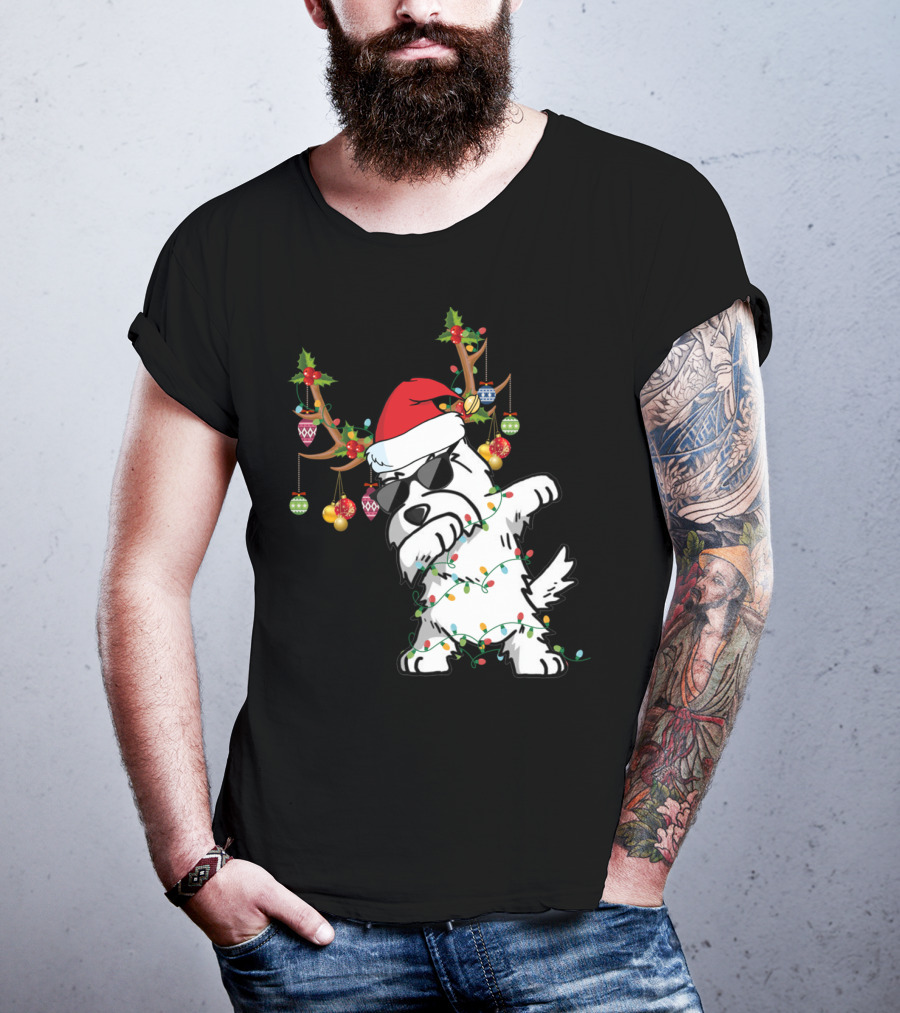 Dabbing Westie Dog Christmas Lights Santa Hat Reindeer Antlers Ornaments T-Shirt