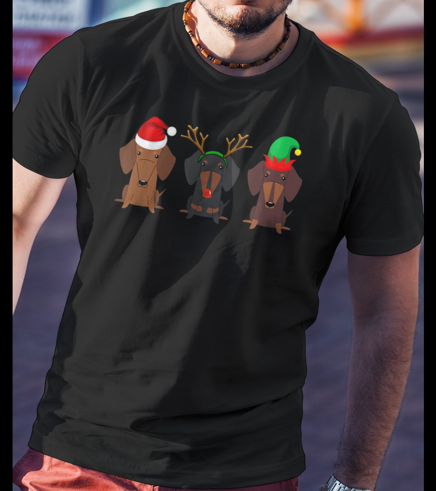 Dachshund Christmas Mom Women Weiner Dog With Santa Hat Reindeer Antlers Elf Hat T-Shirt