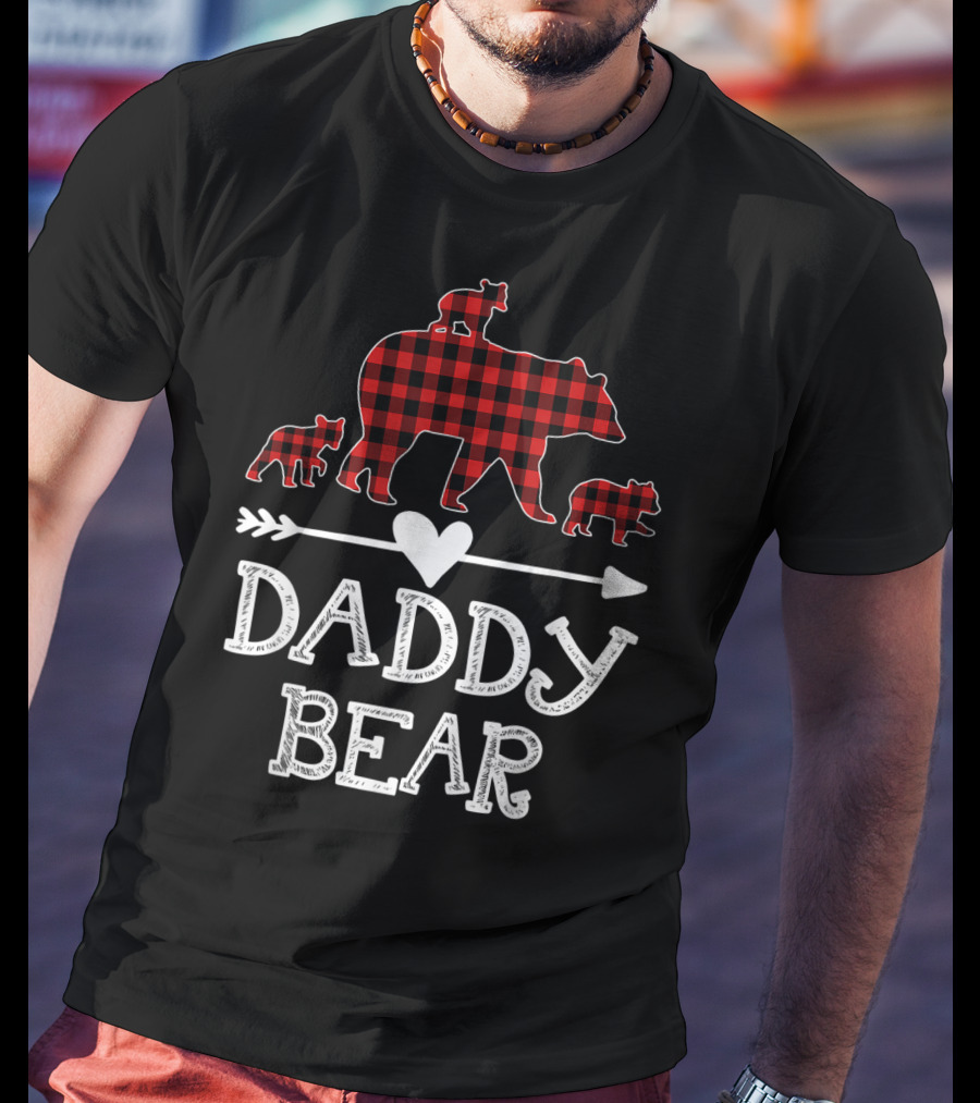 Daddy Bear Red Plaid Three Cubs Arrow Heart T-Shirt