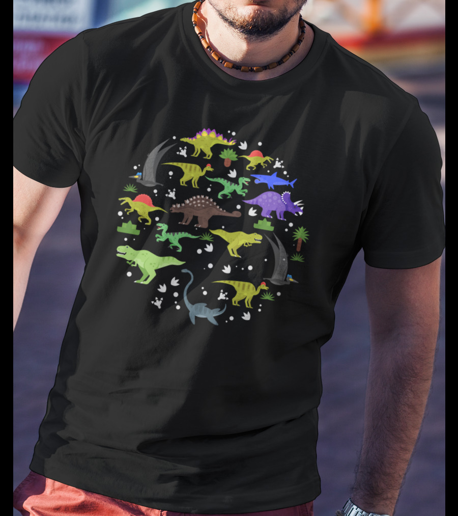 Different Types Of Cool Dinosaurs With Footprints And Plants T-Shirt