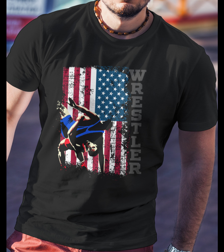 Wrestler Distressed American Flag Wrestling T-Shirt