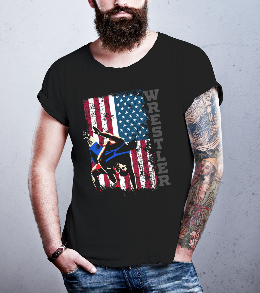 Wrestler Distressed American Flag Wrestling T-Shirt