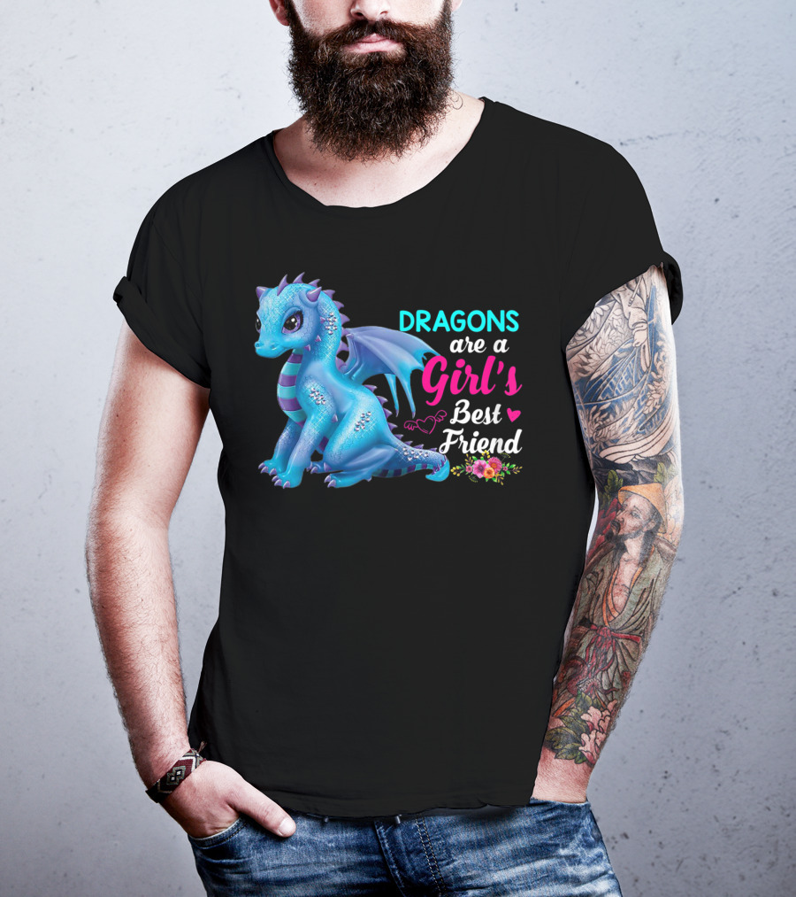 Dragons Are A Girl's Best Friend Cute Blue Dragon With Hearts And Flowers T-Shirt