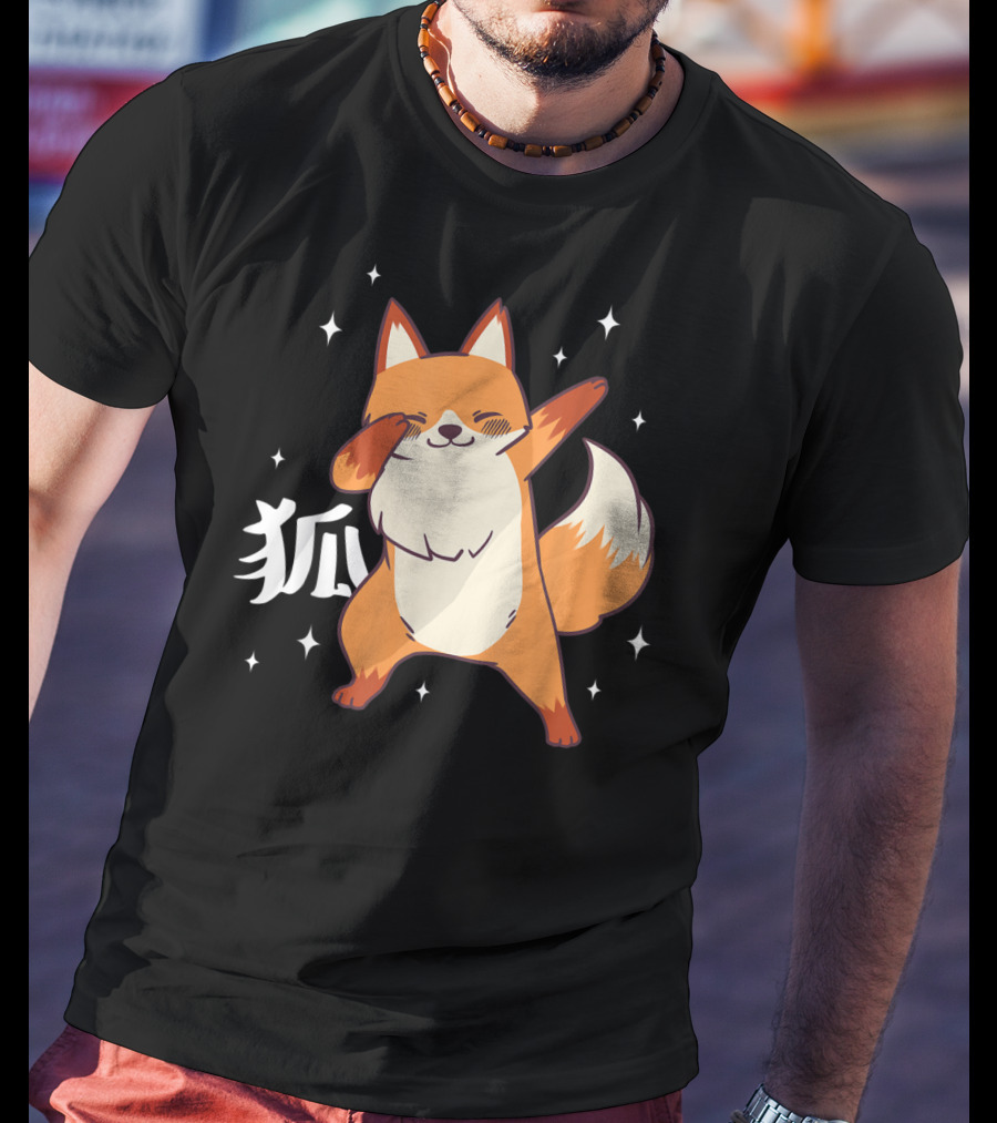 Fox Dabbing Kawaii Kitsune Japanese Kanji Stars T-Shirt