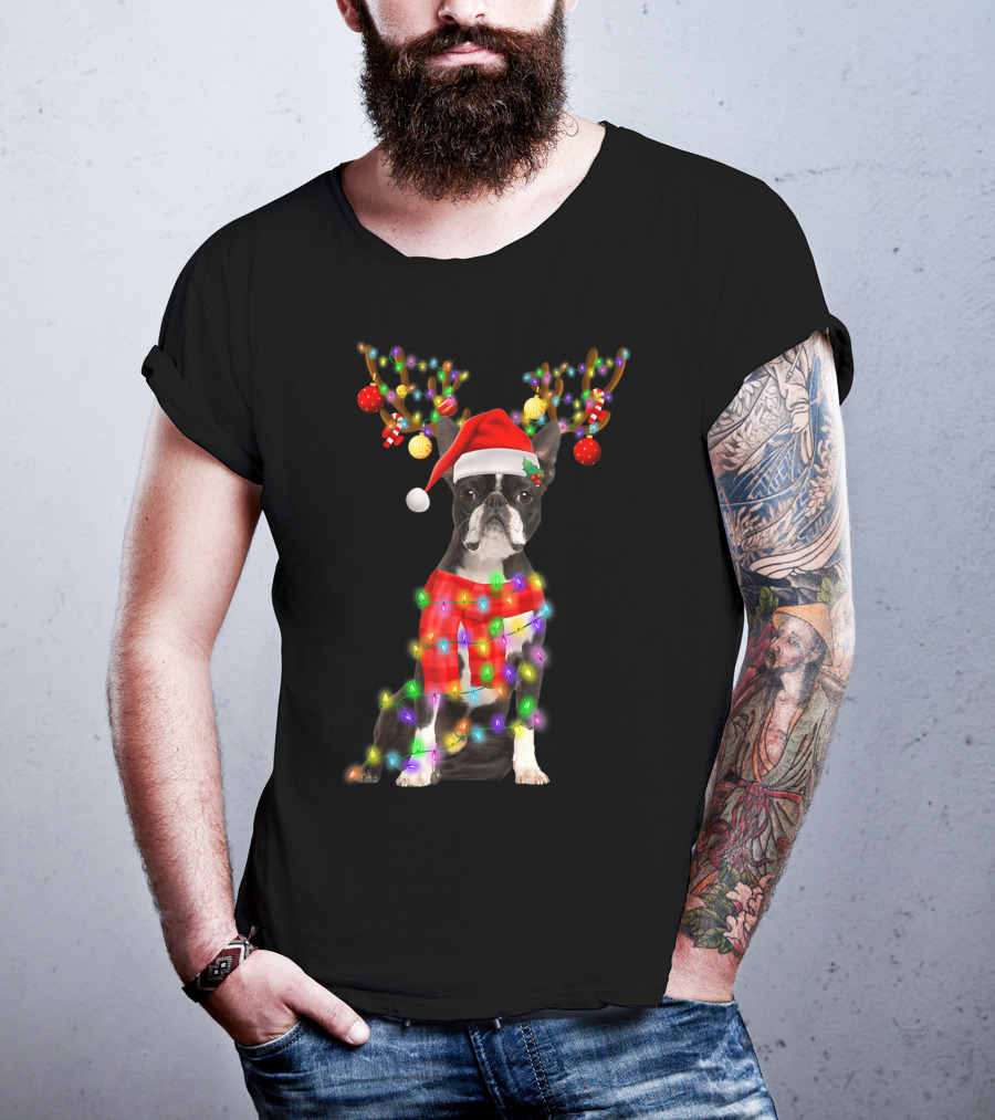 Funny Boston Terrier Christmas Reindeer With Santa Hat And Holiday Lights T-Shirt