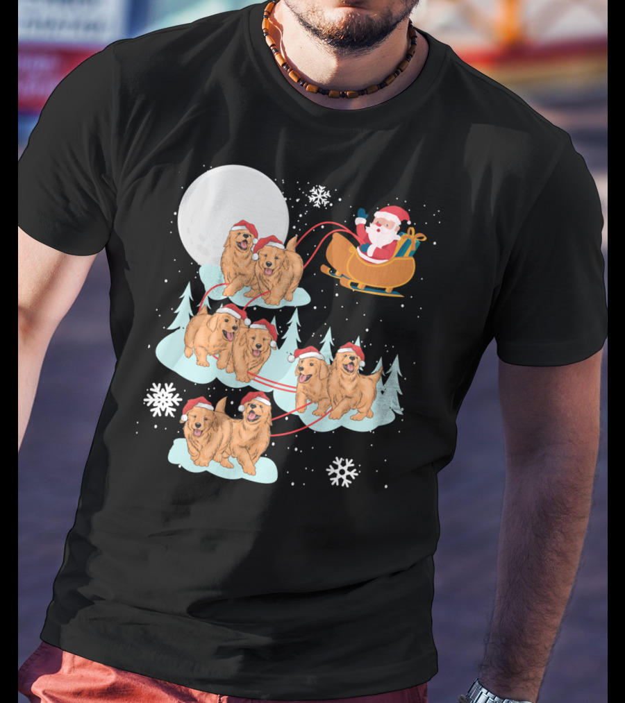 Funny Christmas Golden Retriever Santa Sleigh Holiday Scene T-Shirt