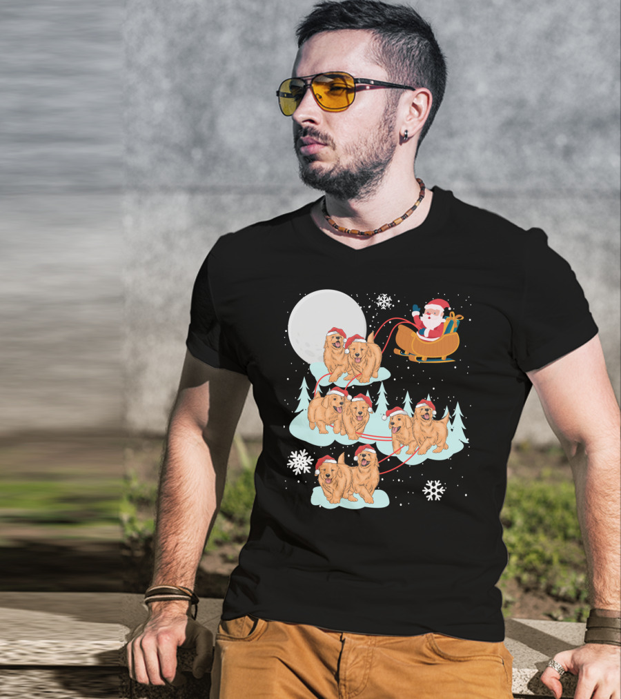 Funny Christmas Golden Retriever Santa Sleigh Holiday Scene T-Shirt