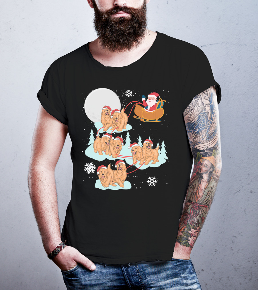 Funny Christmas Golden Retriever Santa Sleigh Holiday Scene T-Shirt