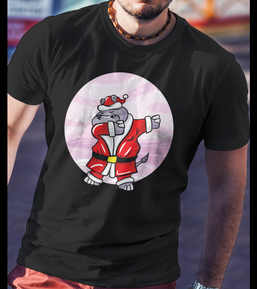 Funny Dabbing Christmas Santa Claus Hippo With Red Santa Suit T-Shirt