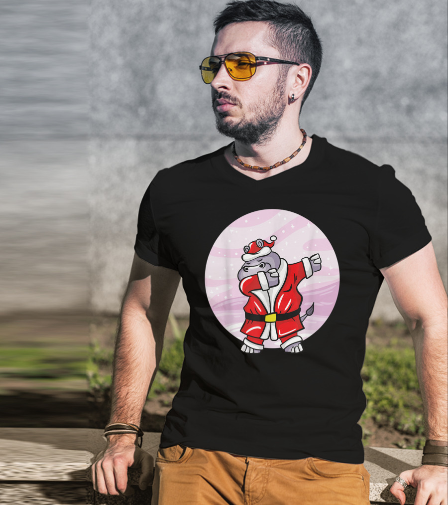 Funny Dabbing Christmas Santa Claus Hippo With Red Santa Suit T-Shirt