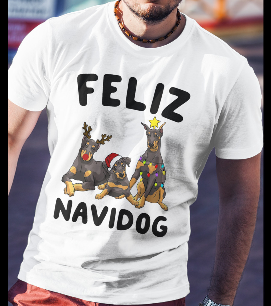 Feliz Navidog Doberman Pinscher With Reindeer Antlers Santa Hat And Christmas Lights T-Shirt