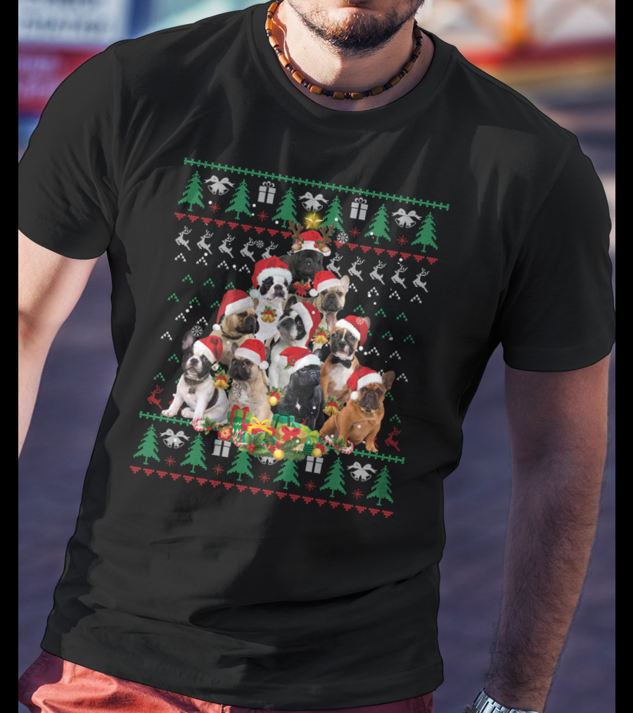 French Bulldog Christmas Tree With Santa Hats T-Shirt
