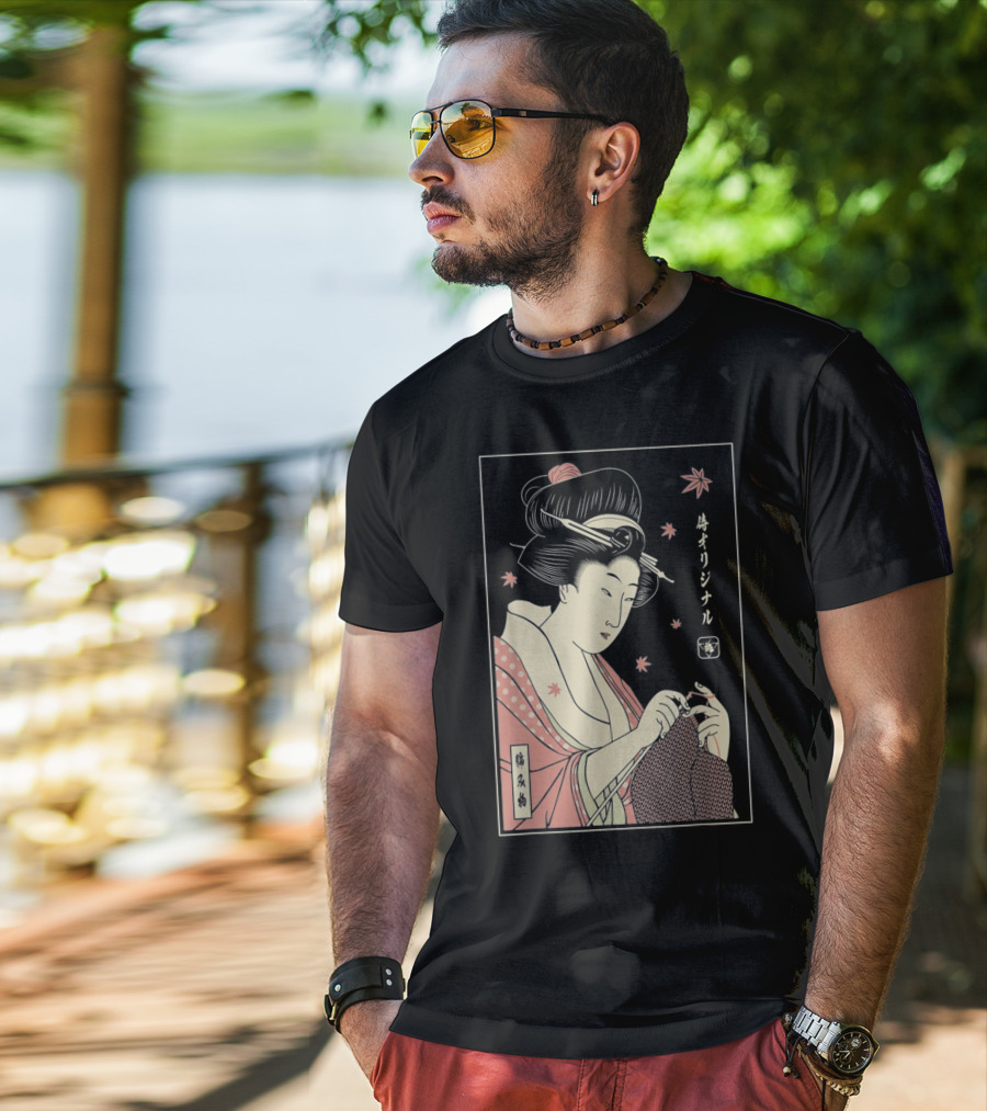 Funny Geisha Knitting Samurai Japanese Lover Ukiyo-e T-Shirt