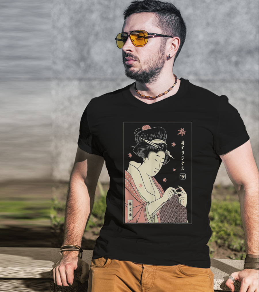 Funny Geisha Knitting Samurai Japanese Lover Ukiyo-e T-Shirt