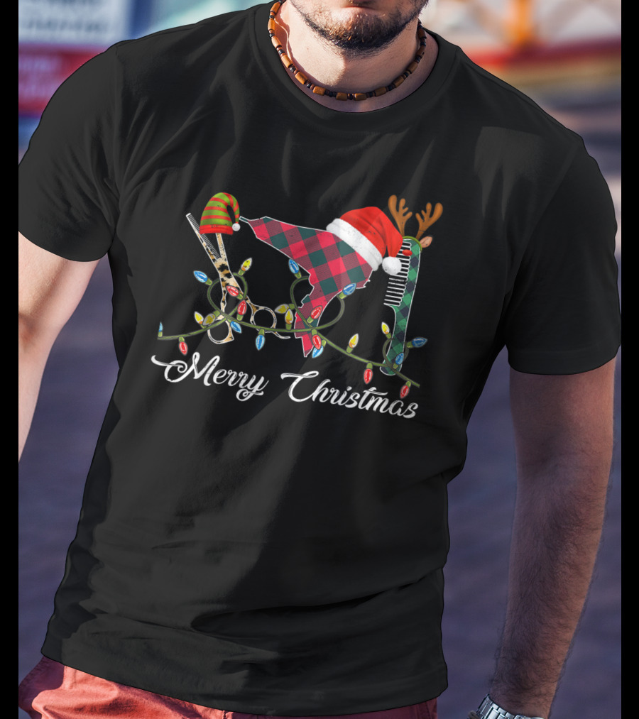 Merry Christmas Hair Stylist Tools With Santa Hat Scissors And Antler Comb T-Shirt