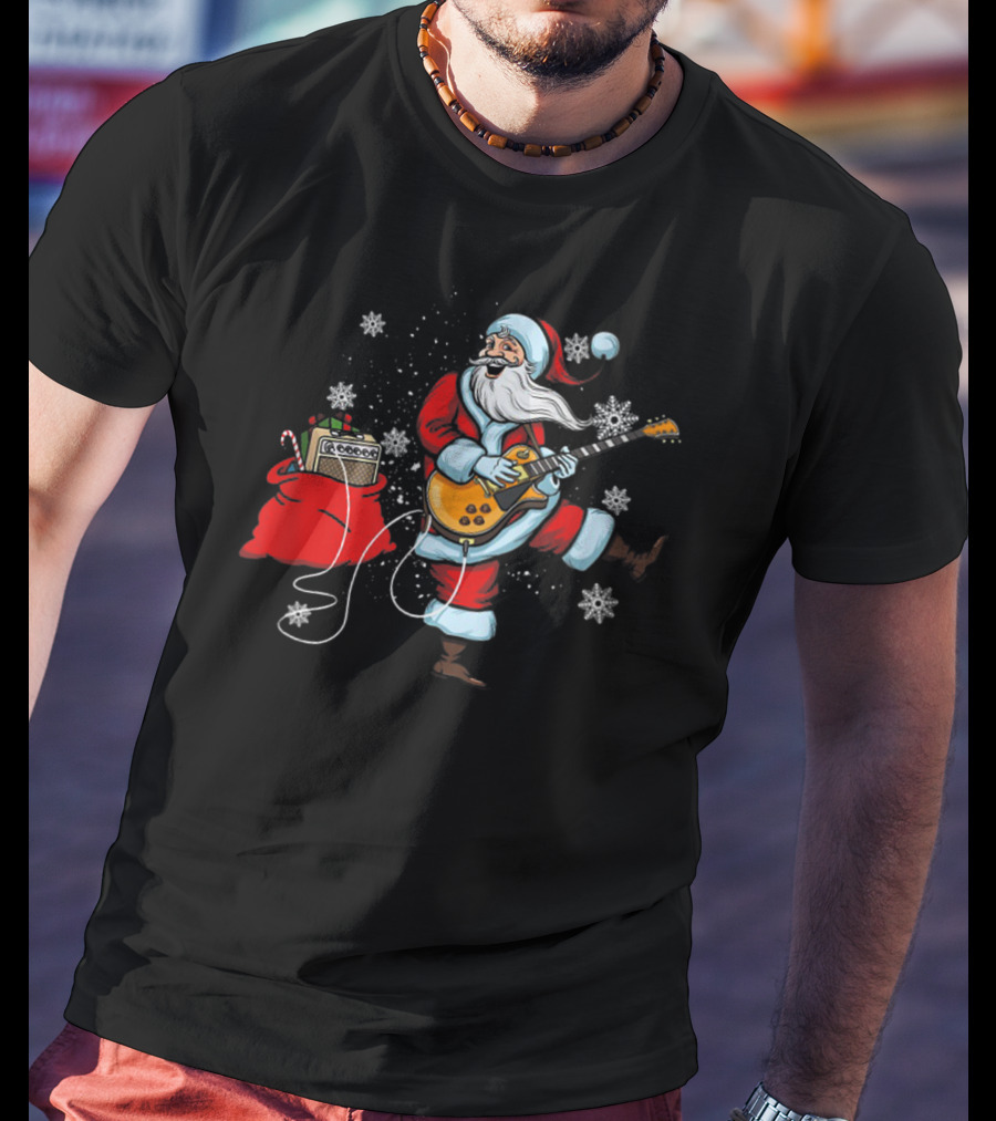 Funny Santa Playing Guitar With Snowflakes And Christmas Bag T-Shirt