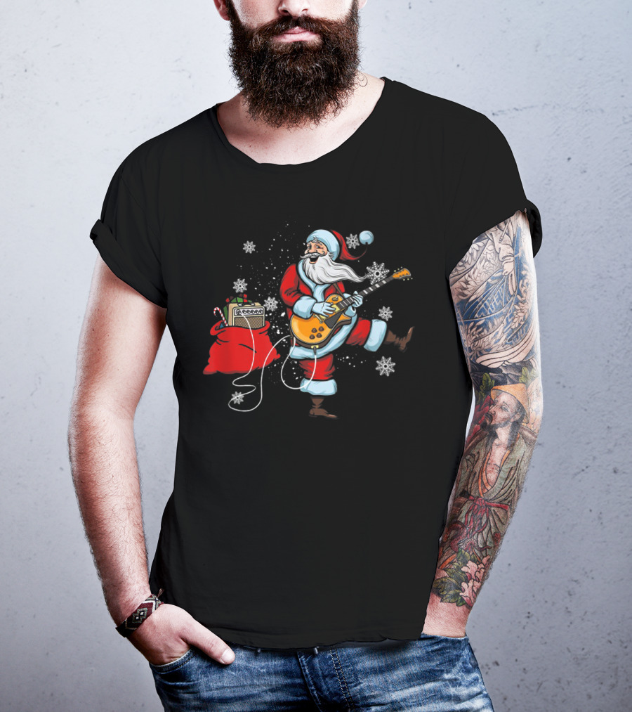 Funny Santa Playing Guitar With Snowflakes And Christmas Bag T-Shirt