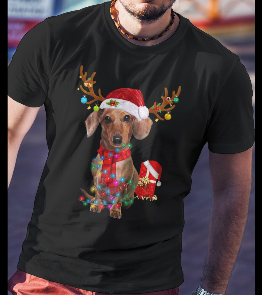 Santa Hat Dachshund With Reindeer Antlers And Christmas Lights T-Shirt