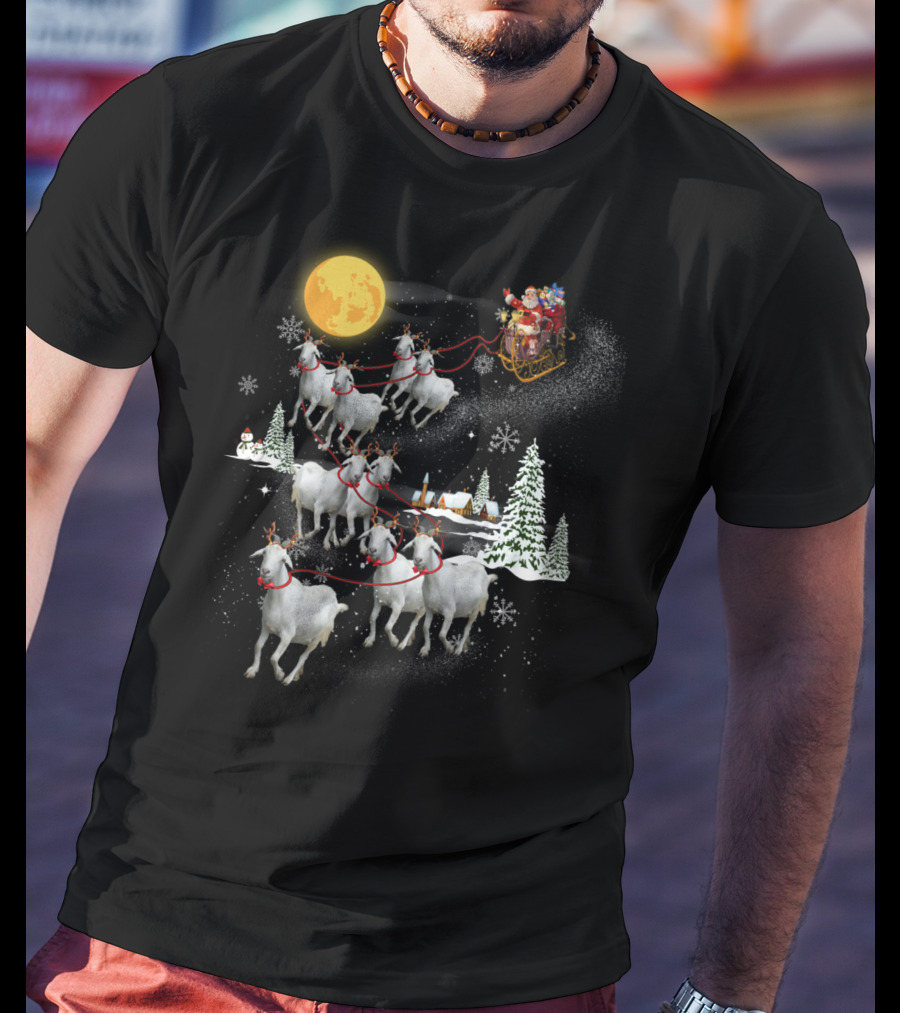 Funny Santa Riding Goat Sleigh Under Full Moon T-Shirt