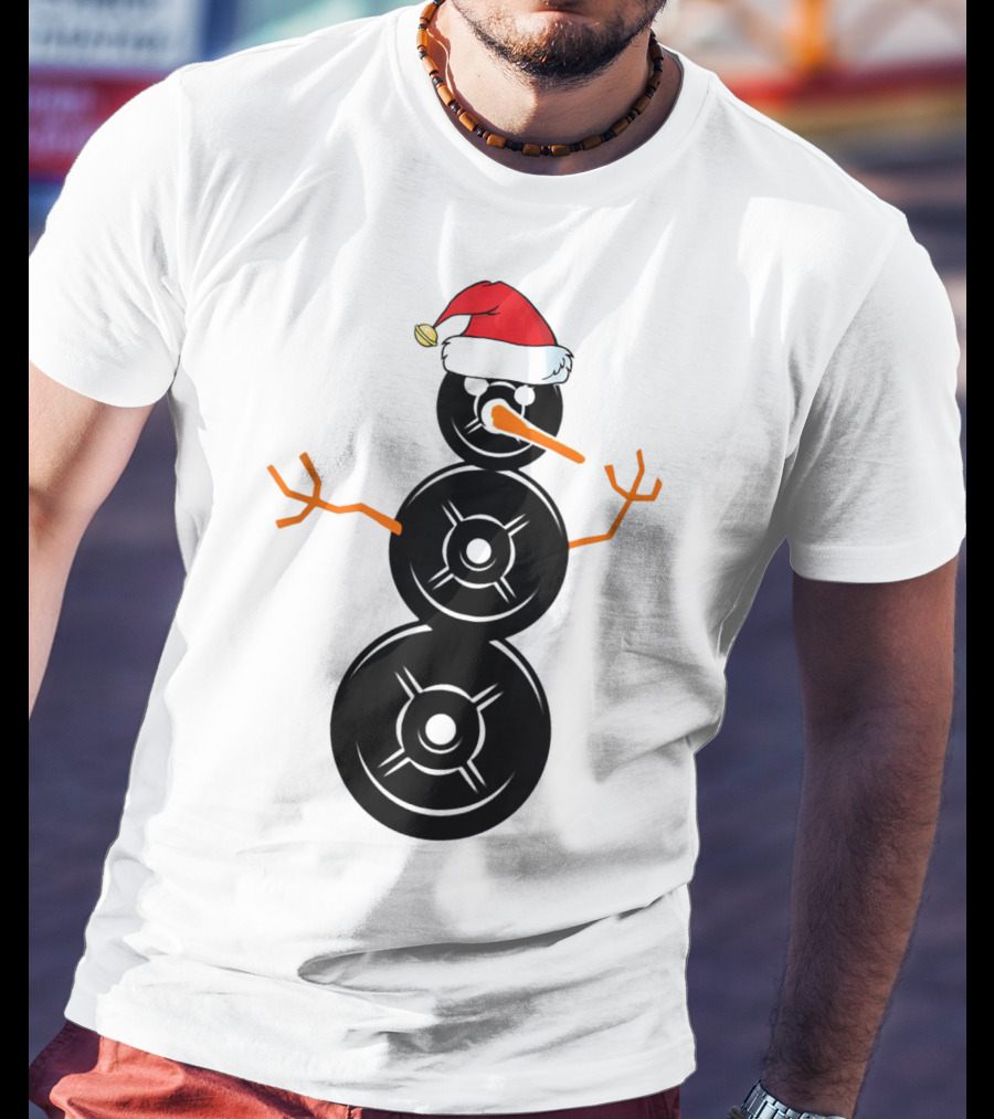 Funny Santa Hat Weightlifting Snowman Barbell T-Shirt